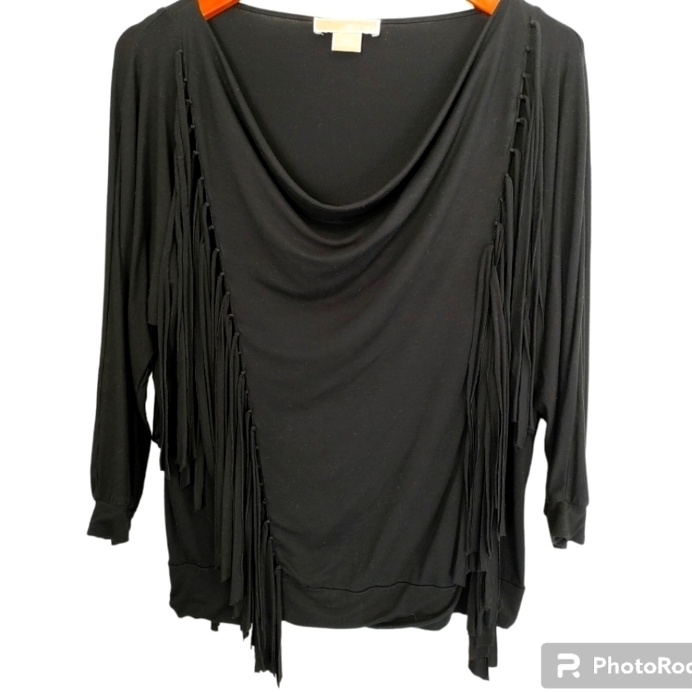 Michael Michael Kors Black Fringe Trim 3/4 Sleeves Top
